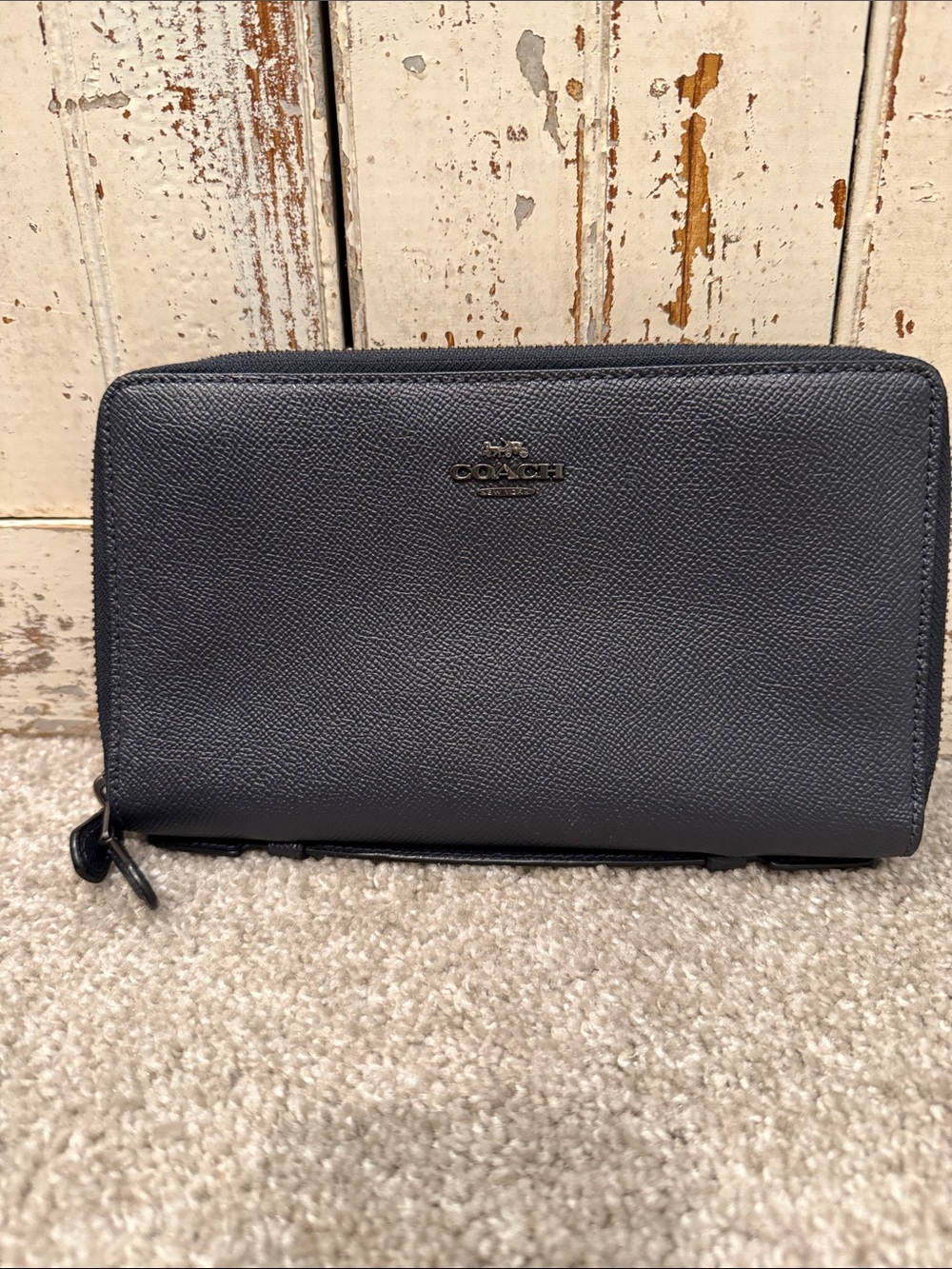 Coach Zip-Around Travel Wallet in Navy Blue with Gold Logo